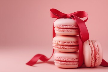 Stack of Pink Macarons Tied with Red Ribbon on Pastel Background