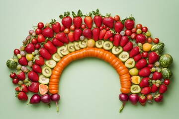Colorful rainbow of fresh fruits and vegetables on green background