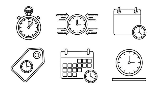 A versatile set of thin line icons representing time management, scheduling, appointments, and deadlines. This vector collection includes stopwatch, calendar, and clock symbols