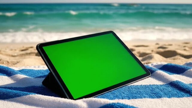 An e-reader tablet with a chroma green screen for reading on a beach towel with relaxing ocean waves.

