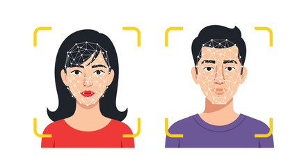 Facial recognition technology for identification and security purposes on white background