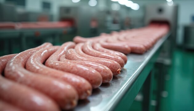 Freshly made sausages move along conveyor belt in modern food processing plant. Automated line prepares meat products for distribution. This scene highlights food manufacturing, industrial operations.