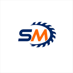 SM letter logo design with saw blade illustration.