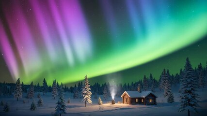 Mesmerizing aurora borealis lights up the night sky over a cozy snow covered cabin in a winter forest landscape - Powered by Adobe