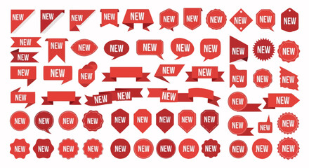 Comprehensive collection of dynamic red 'NEW' graphic elements, including diverse tags, modern labels, striking banners, and elegant ribbons, ideal for digital marketing and product launches