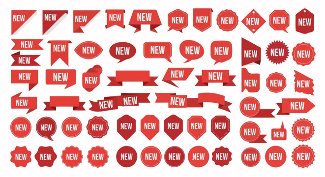Comprehensive collection of dynamic red 'NEW' graphic elements, including diverse tags, modern labels, striking banners, and elegant ribbons, ideal for digital marketing and product launches
