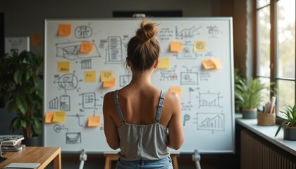 Young woman plans project on whiteboard. Female brainstorms startup ideas in modern office, uses sticky notes. Teamwork planning, strategy development, creative process, business growth.