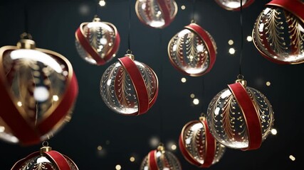 Elegant christmas ornaments with red ribbon and gold filigree detail suspended against a dark background with bokeh lights - Powered by Adobe