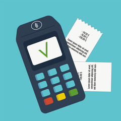 A bank terminal with buttons and a monitor on a turquoise background, card payment, payment, two receipts with text, text field, purchases, bank, money