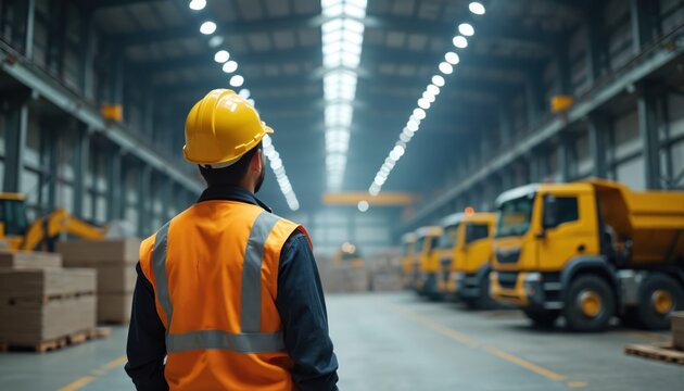 Man in hard hat and safety vest surveys large warehouse interior. Rows of yellow trucks and stacked cargo await dispatch. Industrial setting with overhead lights and construction equipment nearby.