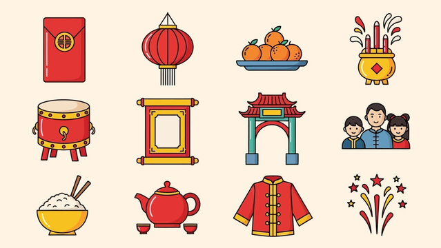 Collection of Festive Chinese New Year Icons for Celebrations and Traditions