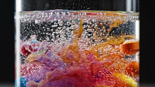 Colorful Pills Dissolving in Water with Bubbles and Splashes.