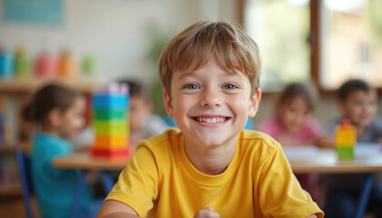 Smiling blond boy with light eyes in yellow shirt sits at desk in classroom. Other children blurred in background play with colorful toys and learn. Bright light fills room.