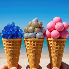 Colorful Candy Ice Cream Cones at the Beach
