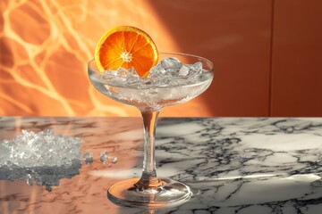 Refreshing cocktail with orange slice and ice on marble surface
