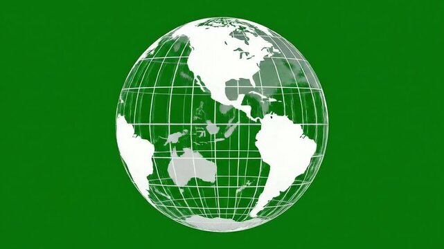 A simple wireframe globe outline rotating in a seamless loop animation on a green screen for a global concept.
