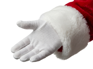 Santa Claus hand in white glove isolated PNG, festive holiday season character reaching out on transparent background