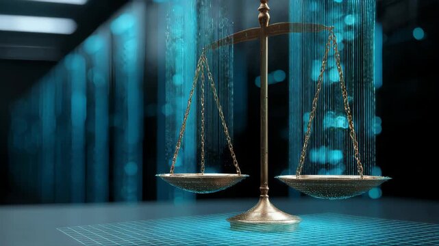 Law scales on background of data center. Digital law concept of duality of Judiciary