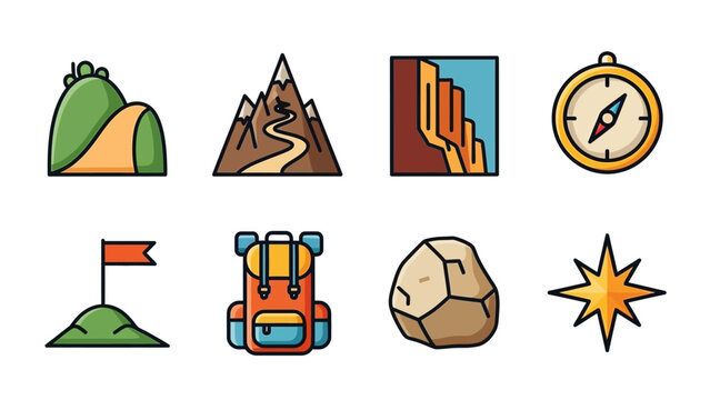 Vibrant flat design illustrative icon set for outdoor adventure, hiking, and travel, featuring nature landscapes, navigation tools, and essential exploration gear