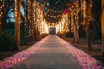 Enchanting pathway with twinkling fairy lights and petals
