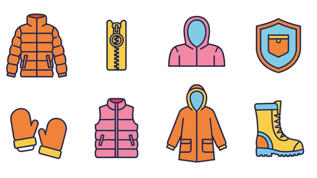 Vibrant vector icon collection showcasing essential winter clothing, protective gear, and cold weather accessories for outdoor adventures and seasonal activities