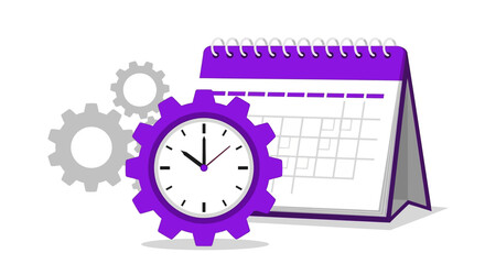 Illustration of time management and project scheduling, featuring a calendar, clock, and gears, symbolizing organization, productivity, and efficient planning