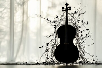 Cello silhouette with elegant branches on white curtain background