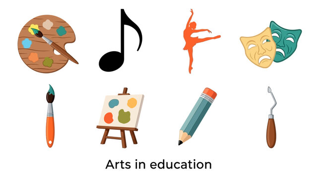 Collection of artistic symbols representing creative pursuits and their integration into educational contexts