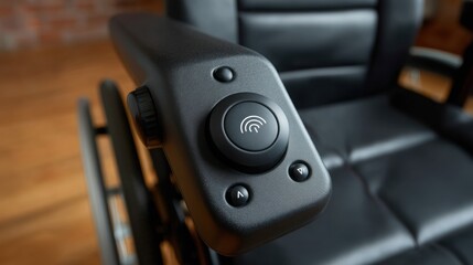Close-up of a modern wheelchair control panel with sleek design and buttons.