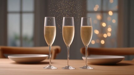 Three elegant champagne flutes filled with bubbly, set on a table with soft lighting.