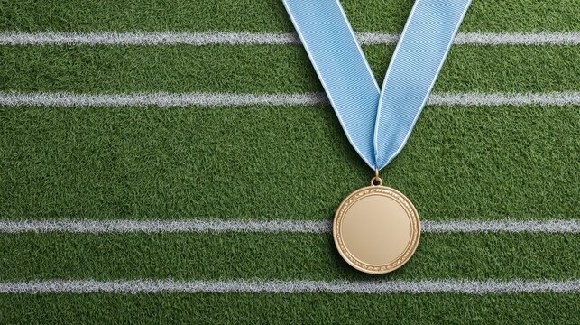 A silver medal with a blank center and ribbon, resting on a textured surface.