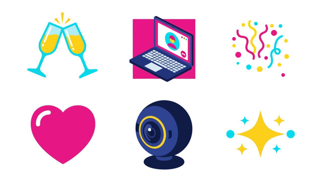 Online Celebration Icons Cheers, Video Call, and Festive Fun