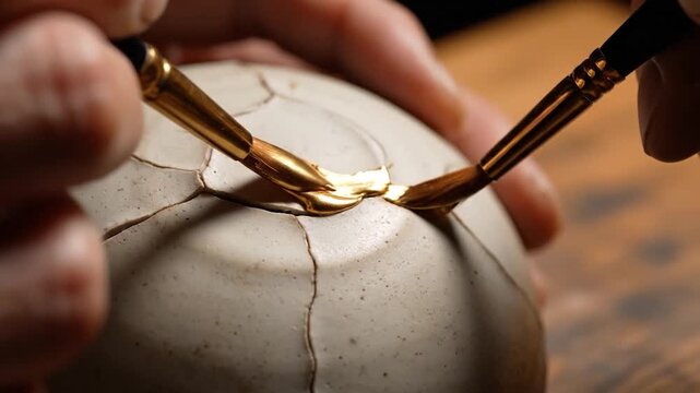 Kintsugi Art Repairing Broken Pottery with Gold Lacquer.