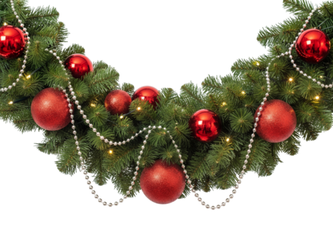 Festive Christmas wreath with red ornaments isolated PNG, holiday decoration for seasonal design and greeting cards on transparent background