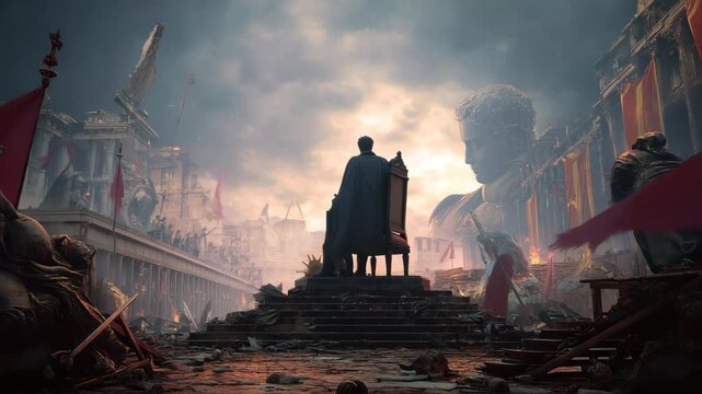 leader standing on a crumbling throne, surrounded by broken statues, faded banners, and a collapsing empire in the background