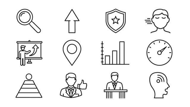 Collection of vector line icons representing business, finance, technology, and personal development