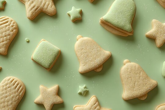 Festive decorated sugar cookies with sprinkles on light green surface