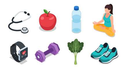 Health and Wellness Isometric Icons Apple, Stethoscope, Yoga and More for Healthy Lifestyle