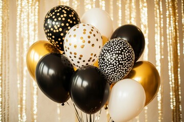 Elegant black, white, and gold balloons against glittering background