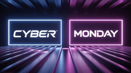 Futuristic neon "Cyber Monday" text glowing on a dark, reflective surface with purple and blue light streaks