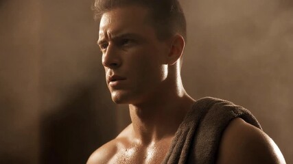 A muscular and focused athlete with a towel draped over his shoulder, his determined expression highlighted by dramatic lighting in a gritty gym