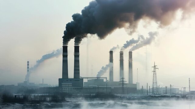Wide-angle shot of an industrial plant emitting smoke, conveying pollution. The hazy atmosphere suggests a dramatic, cinematic video style. Live desktop wallpaper.