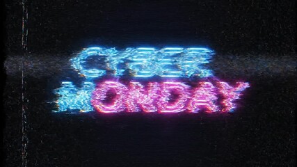 Vibrant neon "Cyber Monday" text glows with glitch effect on dark background, symbolizing digital sales and online shopping.