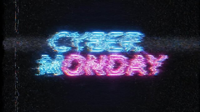 Vibrant neon "Cyber Monday" text glows with glitch effect on dark background, symbolizing digital sales and online shopping.