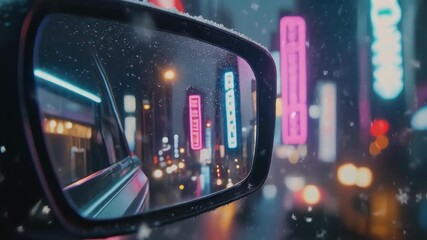 Night city reflected in a car mirror amidst snowfall and colorful lights - Powered by Adobe