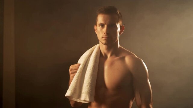 A confident and muscular shirtless man with a towel over his shoulder gazes intently at the camera in a dark, atmospheric gym setting