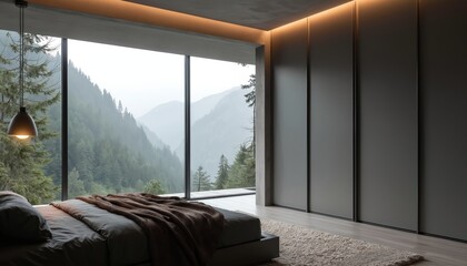 Modern bedroom interior with large window. View of mountain forest from contemporary style room. Grey wardrobe with sliding doors. Bed with blanket and pillow. Interior design concept.