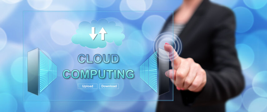 Woman touching a cloud computing concept
