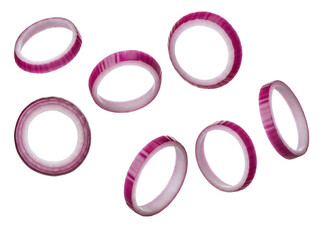 Sliced red onion rings PNG isolated on transparent background, fresh vegetable ingredient for cooking and salad preparation