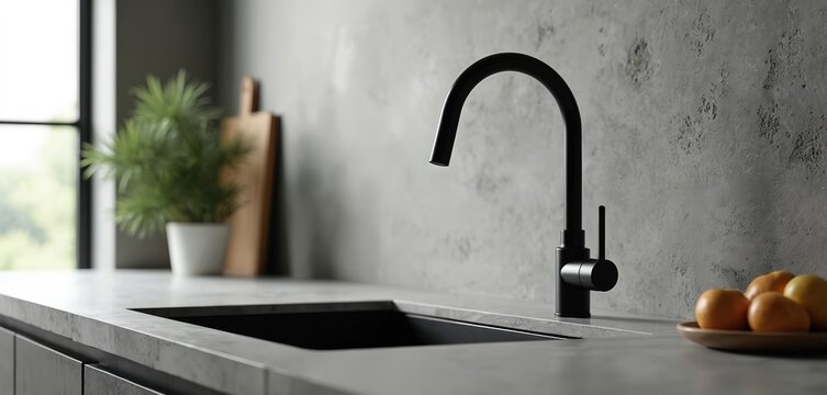 Minimalist kitchen interior with matte black faucet concrete countertop, sink. Modern faucet with single handle against grey textured wall. Plant, fruit complement design. Ideal for design magazines